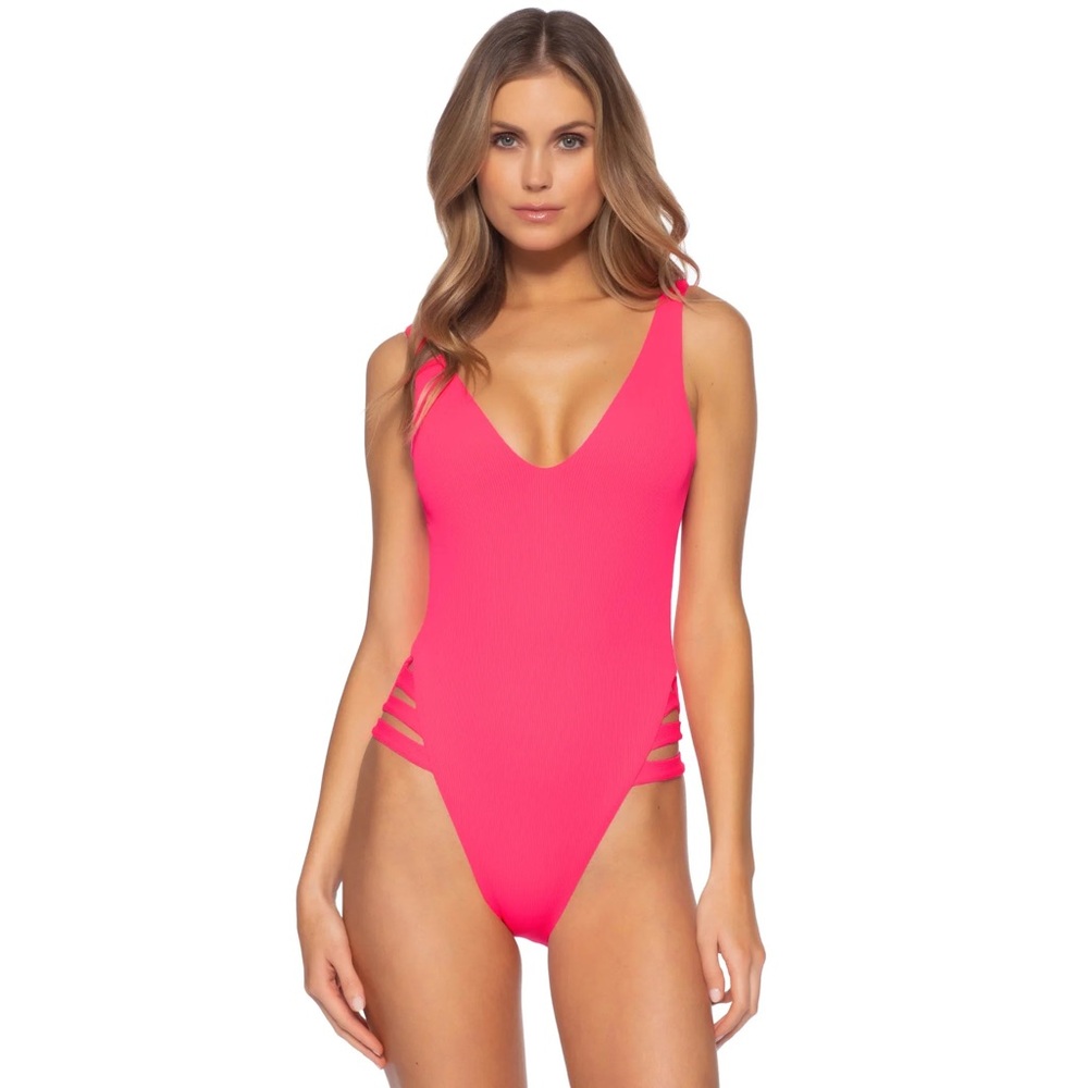 Becca Fine Line plunge one piece swimsuit hot pink
